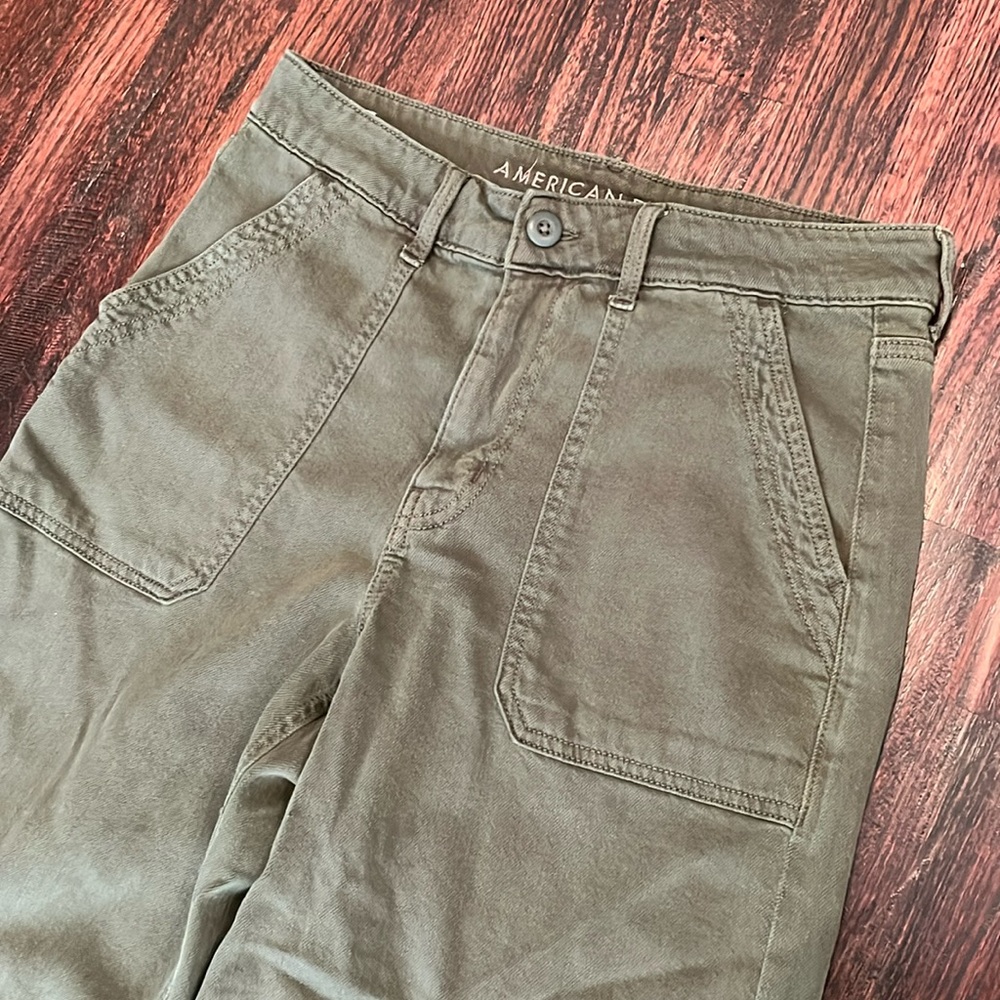 AE Dreamy Drape Stretch Super High-Waisted Baggy Wide-Leg Pant, 8 Short, olive